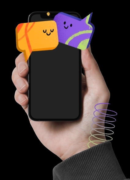 Image of an arm with a cell phone and chat stickers